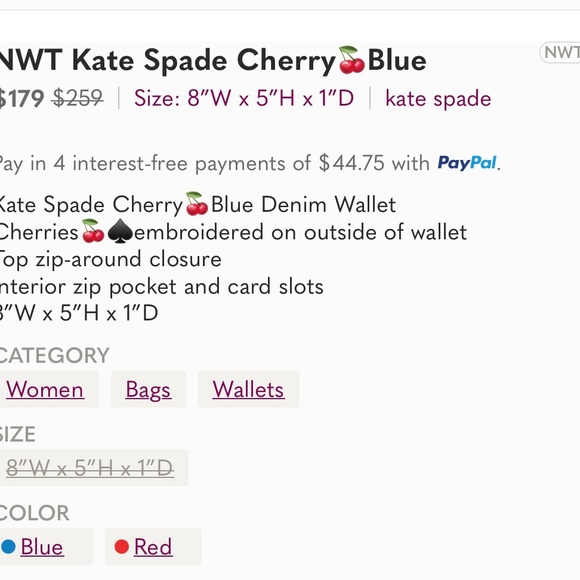 Kate Spade NWT blue multi colored embroidered denim cherry long wallet $135 - Picture 11 of 11